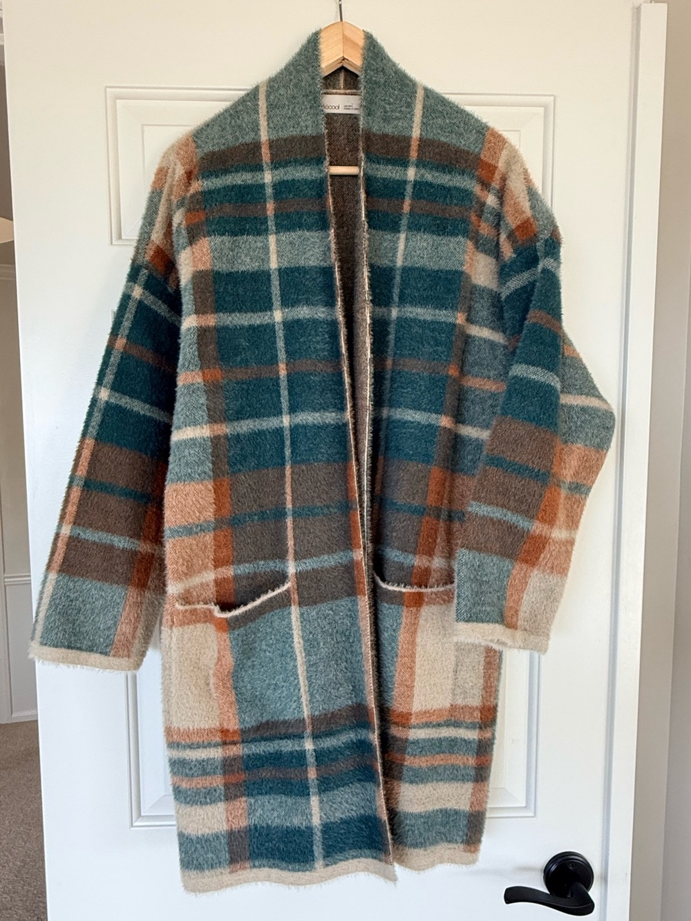 Becool - Boutique Plaid Open-Front Women's Coatigan in Teal & Brown L